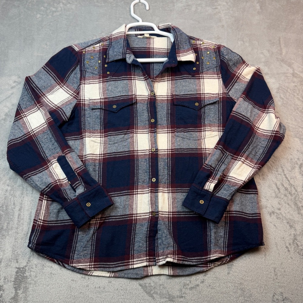 Lucky Brand Plaid Shirt Womens L Blue Red‎ Studded Flannel Western Cowgirl Farm
